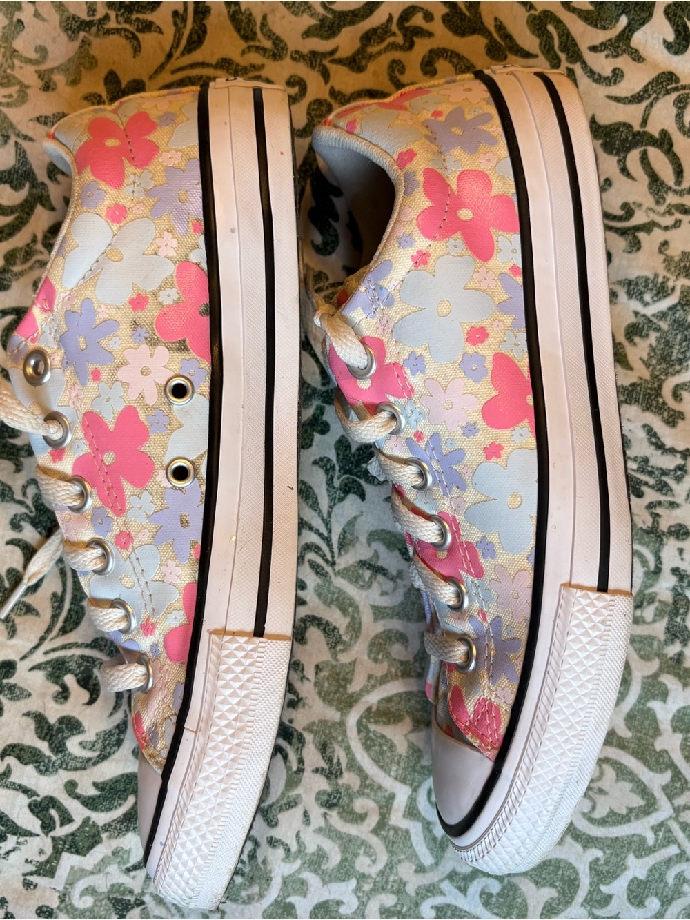 Converse Women’s Floral Low Top Sneakers - Pink, Blue, and Lilac on Cream Canvas - Picture 2 of 5